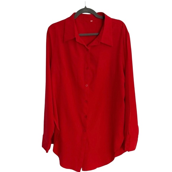 Tops - Classic Red Button-Up Shirt, long with side slits, Size XXL